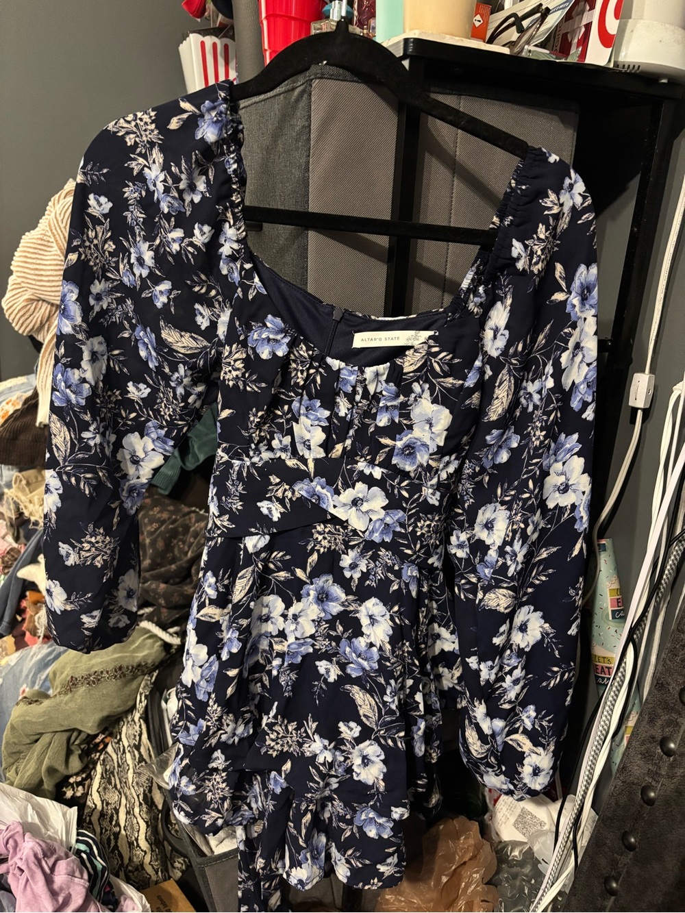Altar'd State Navy and White Floral Tiered Dress